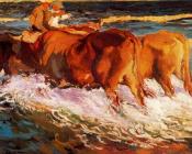 华金索罗利亚巴斯蒂达 - Oxen in the sea, study for Sun of afternoon